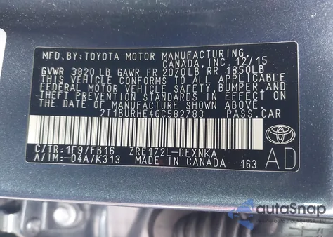2016 Toyota Corolla Le Plus from USA, damaged, VIN 2T1BURHE4GC582783